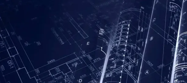 Close‑up of architectural blueprints rendered in white lines on a dark blue background, showing detailed measurements and structural layouts.
